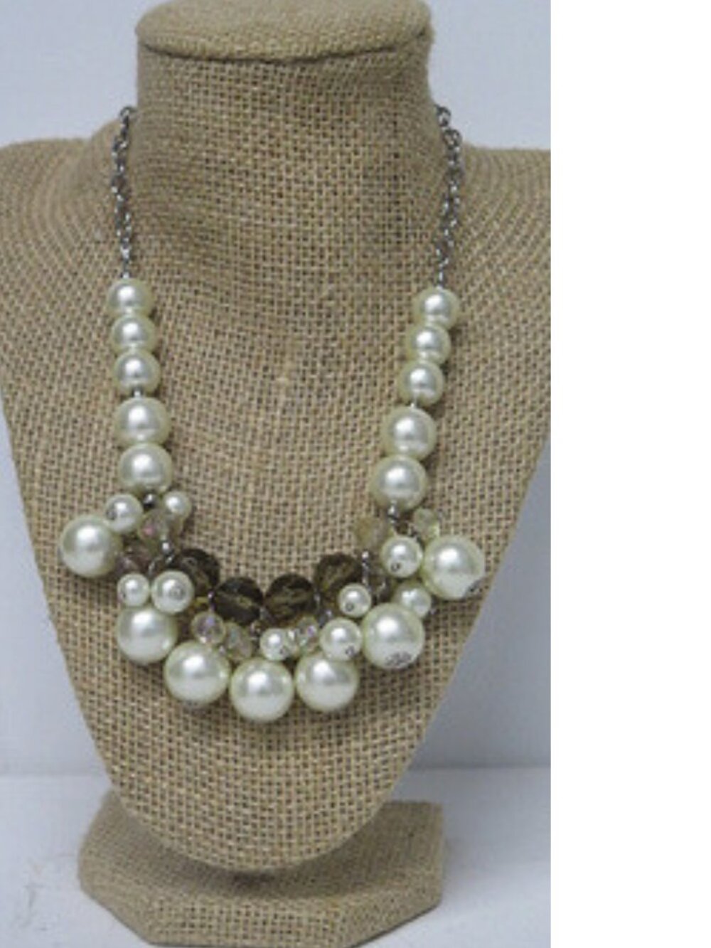 Estate Faux Pearl & Faceted Bead Cluster Statement Necklace Silver Tone